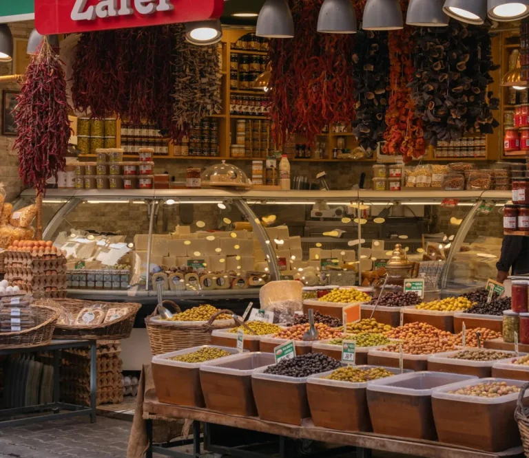 Étal d'olives au marché traditionnel turc, produits locaux de saison