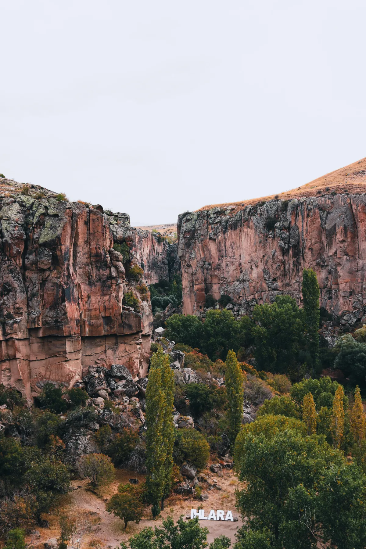 Vallee d'Ihlara en Cappadoce avec falaises et vegetation
