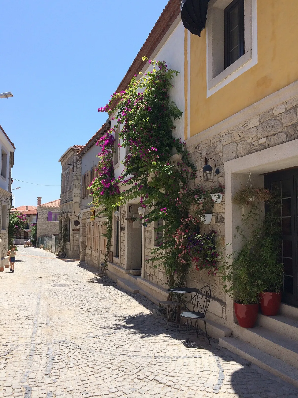 Ruelle pavée bordée de maisons en pierre claire couvertes de bougainvillees